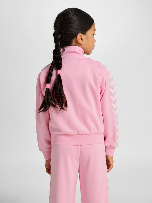 hmlJR REG POLY TAPE GIRL ZIP JACKET, ROSEATE SPOONBILL, model