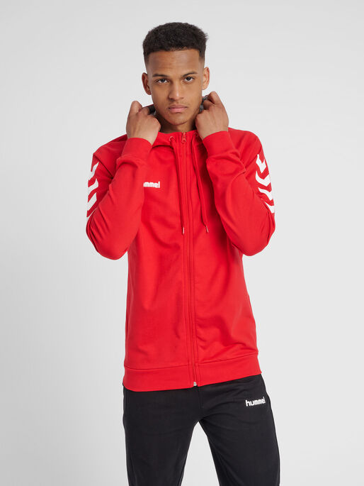HMLGO COTTON ZIP HOODIE, TRUE RED, model