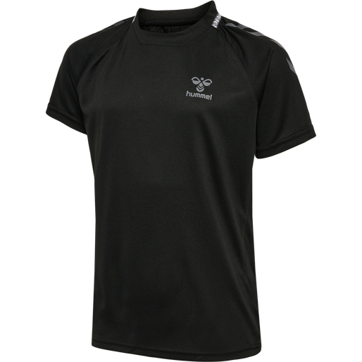 hmlONGRID POLY JERSEY S/S KIDS, JET BLACK/FORGED IRON, packshot