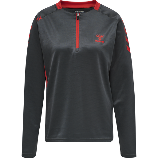 hmlACTION POLY HALF ZIP SWEAT WOMAN, EBONY/FLAME SCARLET, packshot