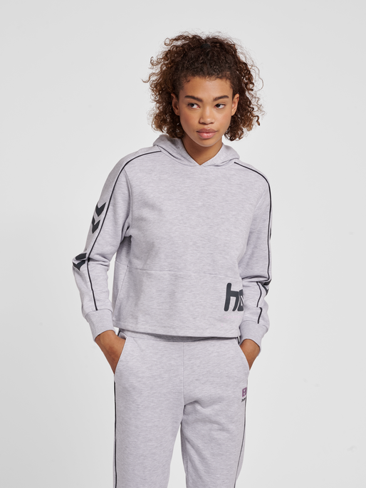 hmlLGC YOKO CROPPED HOODIE, LIGHT GREY MELANGE, model