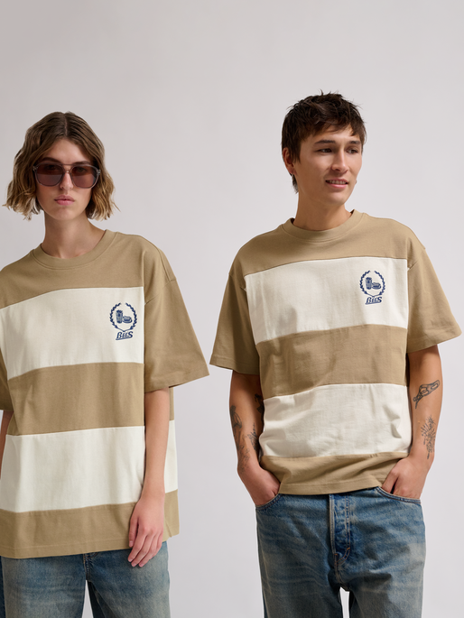 hmlLOOSE T-SHIRT S/S BEES STRIPE, TOFU/CORNSTALK, model